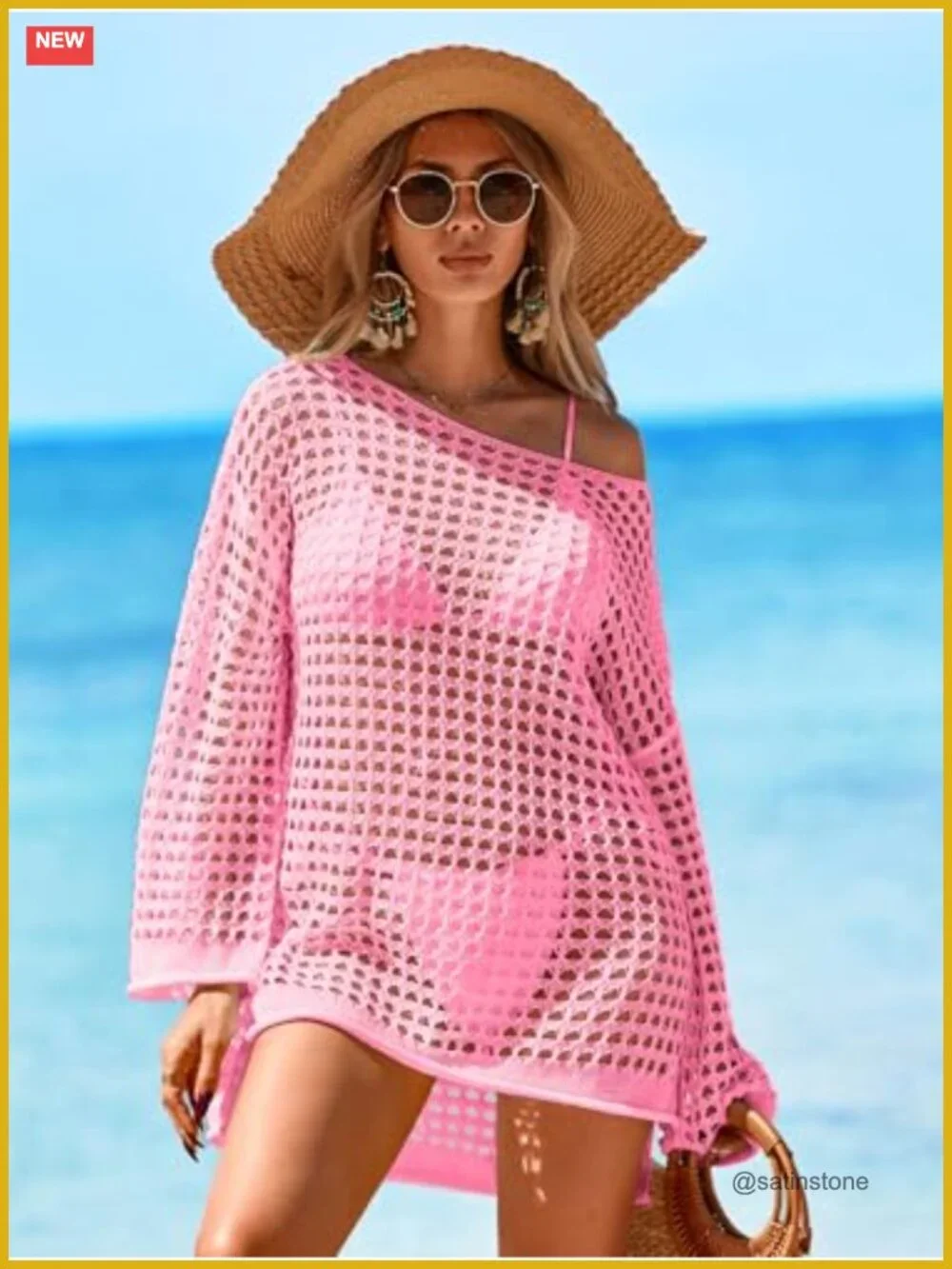 Crochet Mesh Swimsuit Cover Up Oversized Long Sleeve Mini Dress Beach Bathing